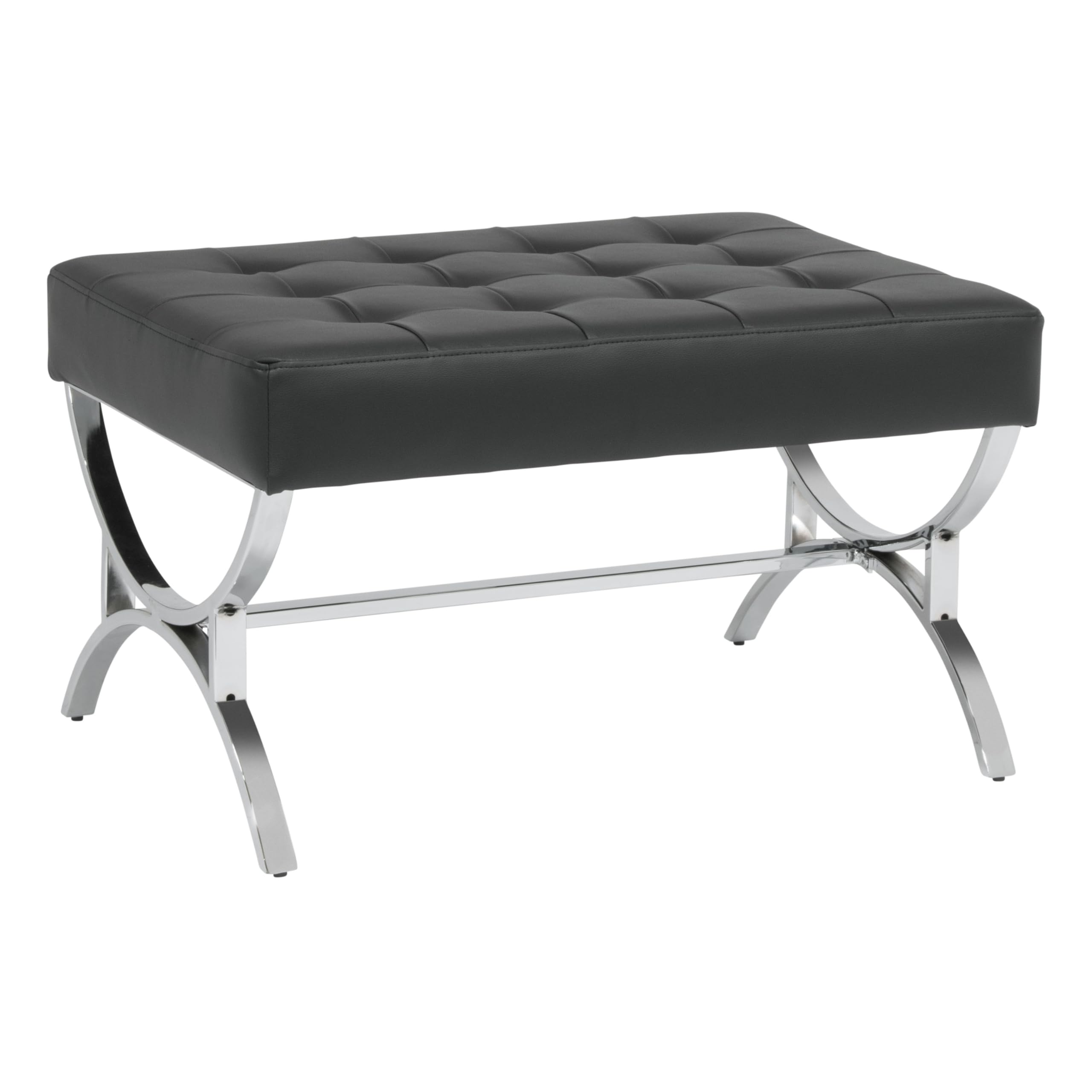 Studio Designs Newel Ottoman - Bonded Leather Ottoman with Tufted Cushion and Chrome Finish Frame - Woven Webbing Seat, Chrome/Black